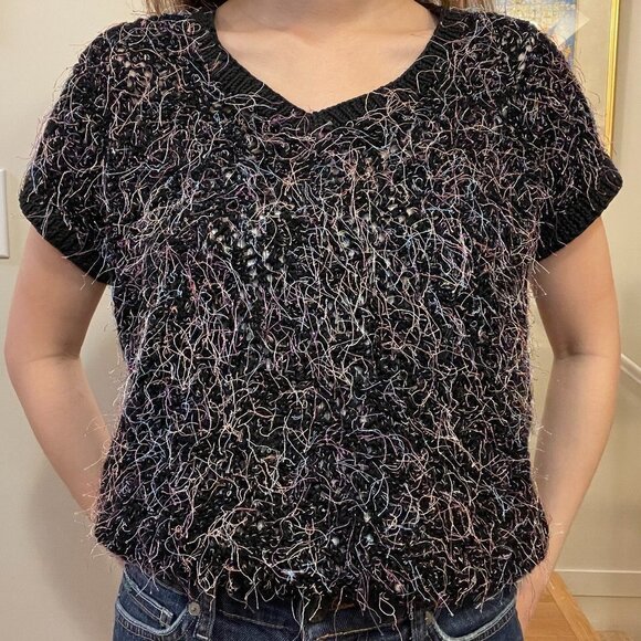 Vintage Handknit Black Rainbow Confetti Crochet Sweater Tee - Picture 8 of 12